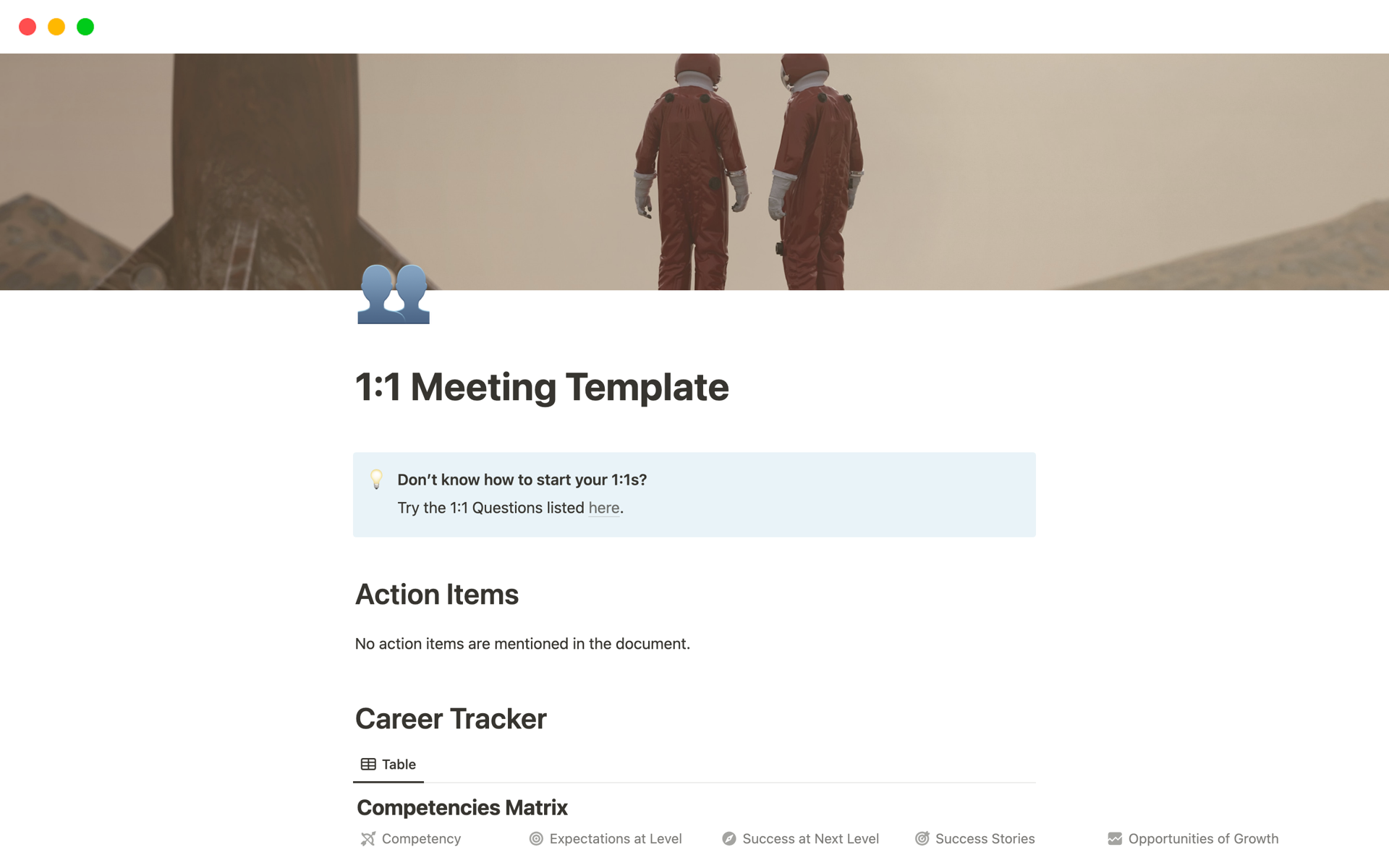 En förhandsgranskning av mallen för 1:1 Meeting Template