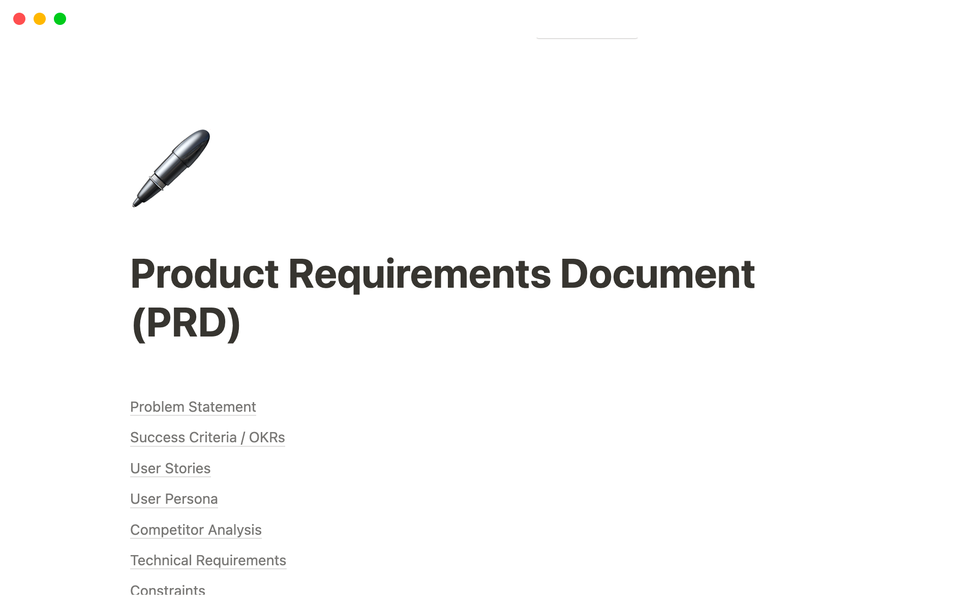 Vista previa de una plantilla para Product Requirements Document (PRD)