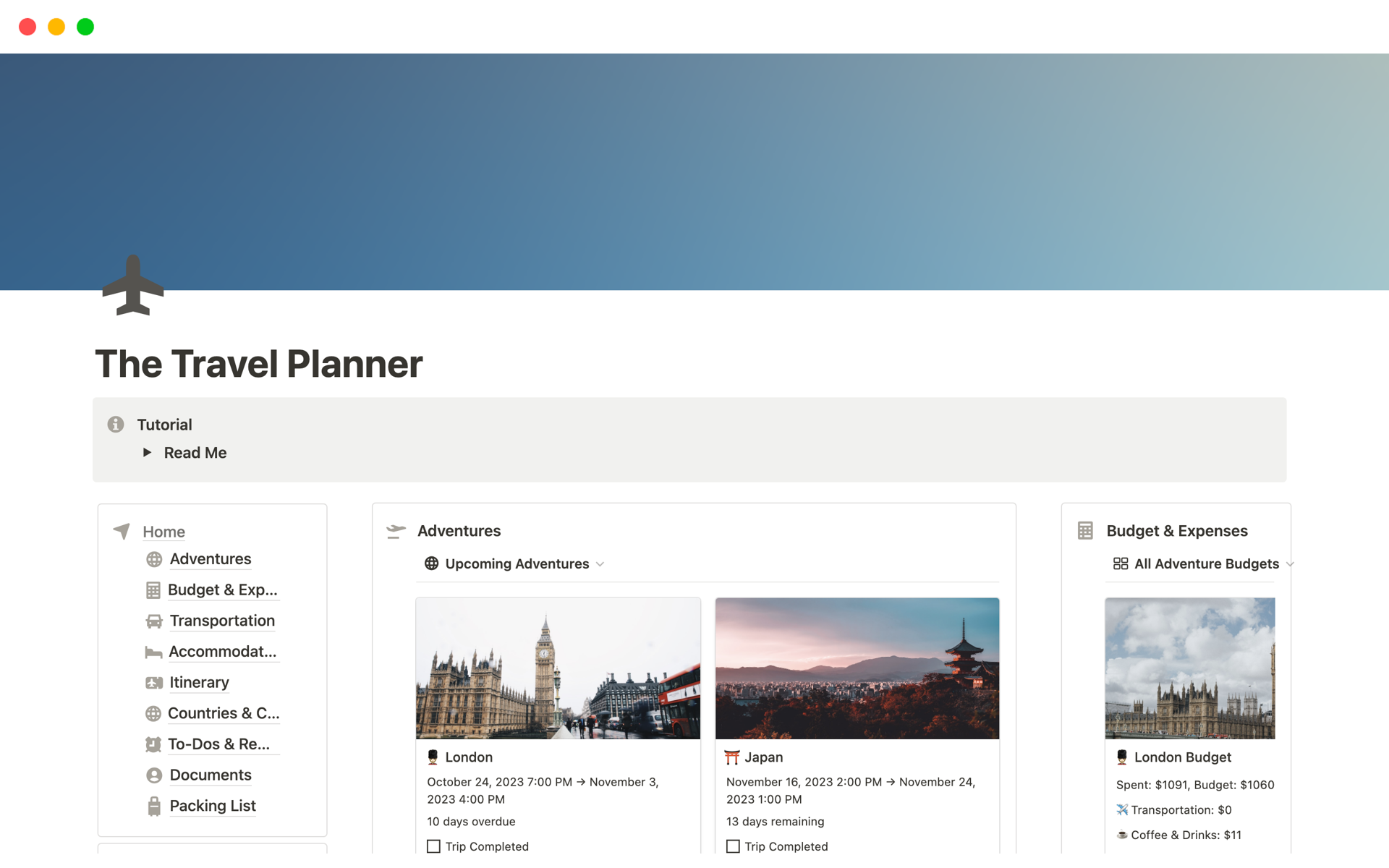 A template preview for The Travel Planner