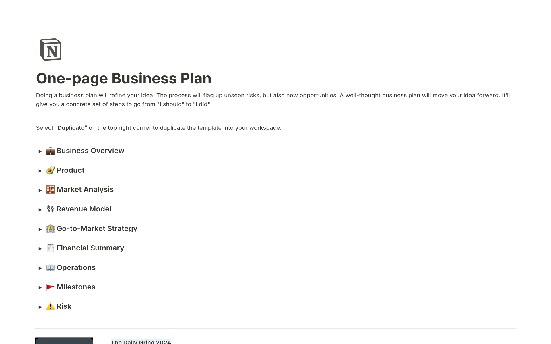 Uma prévia do modelo para One-Page Business Plan For Investors