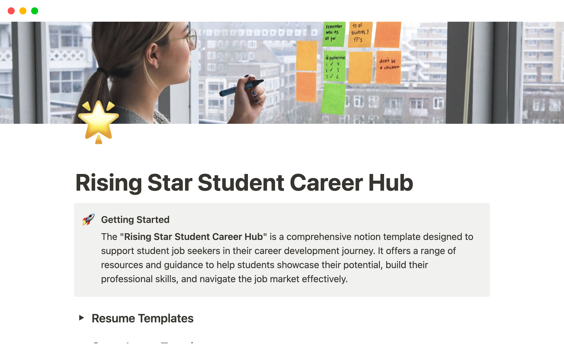 A template preview for Rising Star Student Career Hub