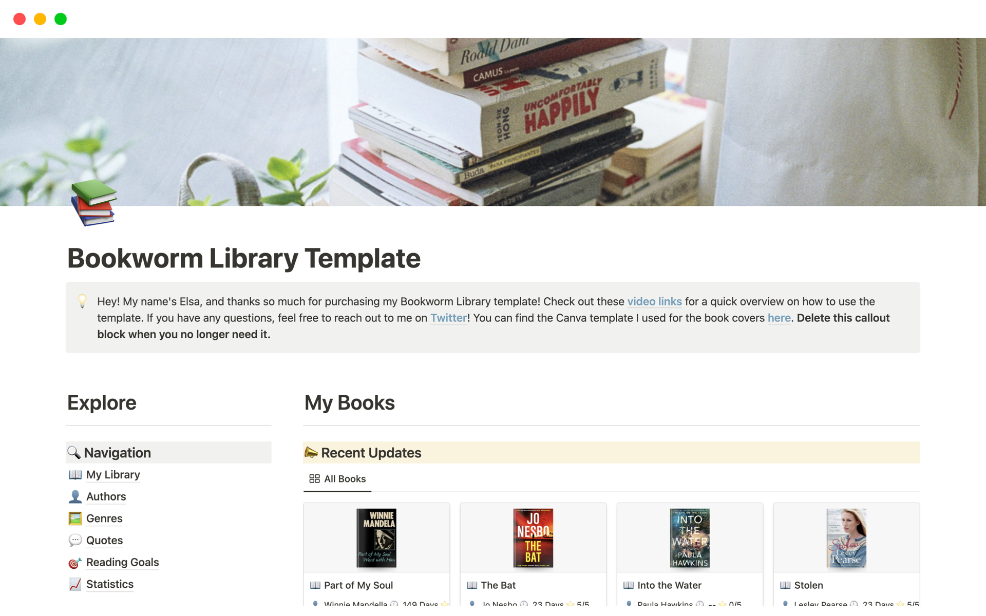 A template preview for Bookworm Library