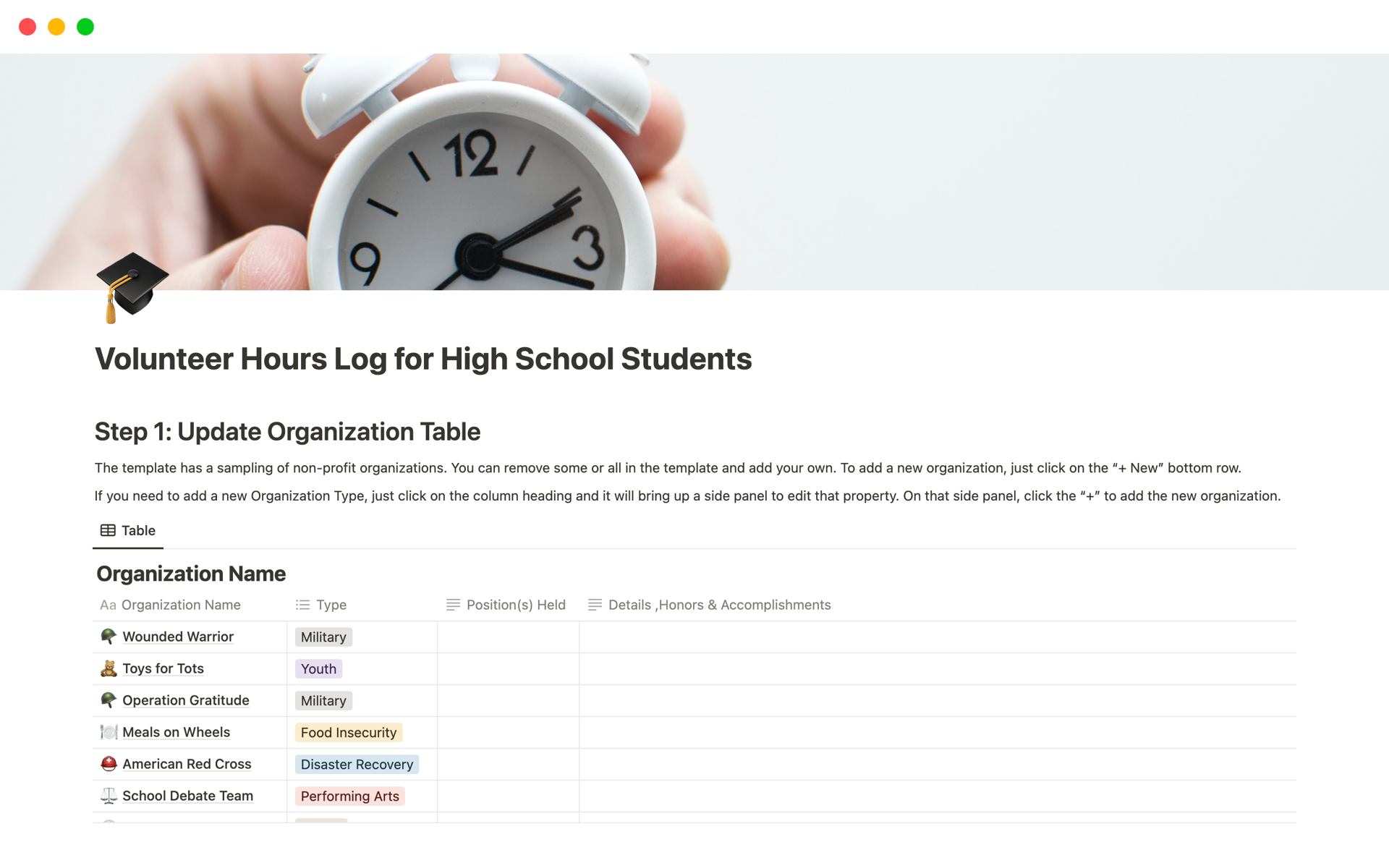 This template will help high school students keep track of volunteer service hours in a way that will help them fill out college applications.
