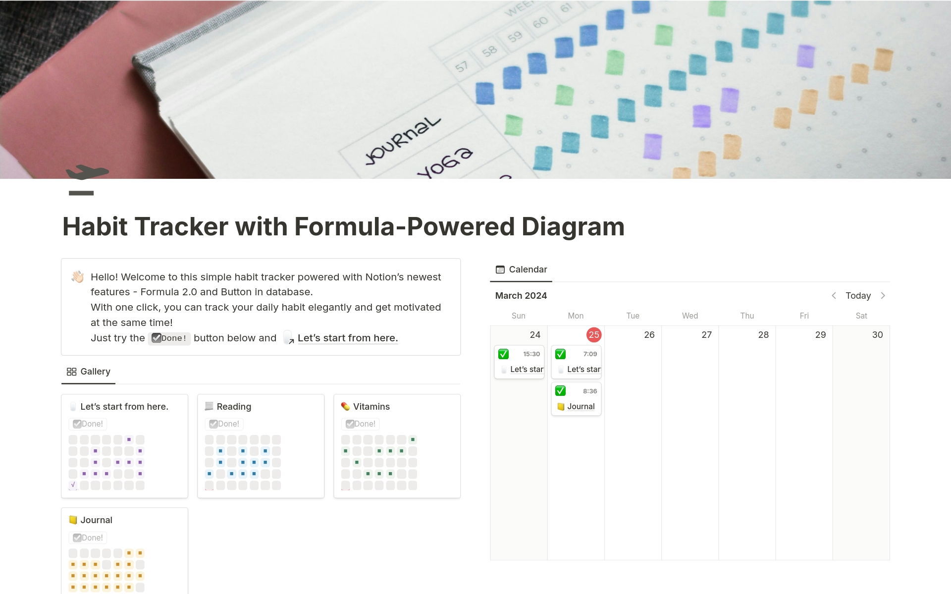 A template preview for Habit Tracker with Formula-Powered Diagram