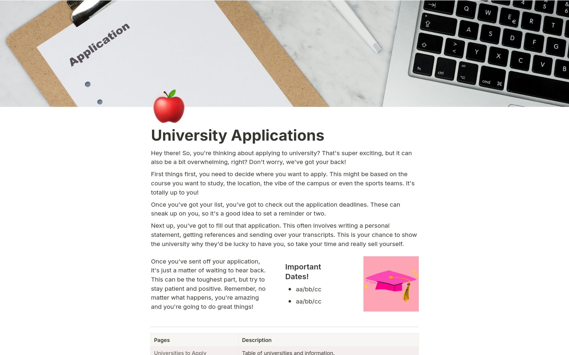 A template preview for University Applications