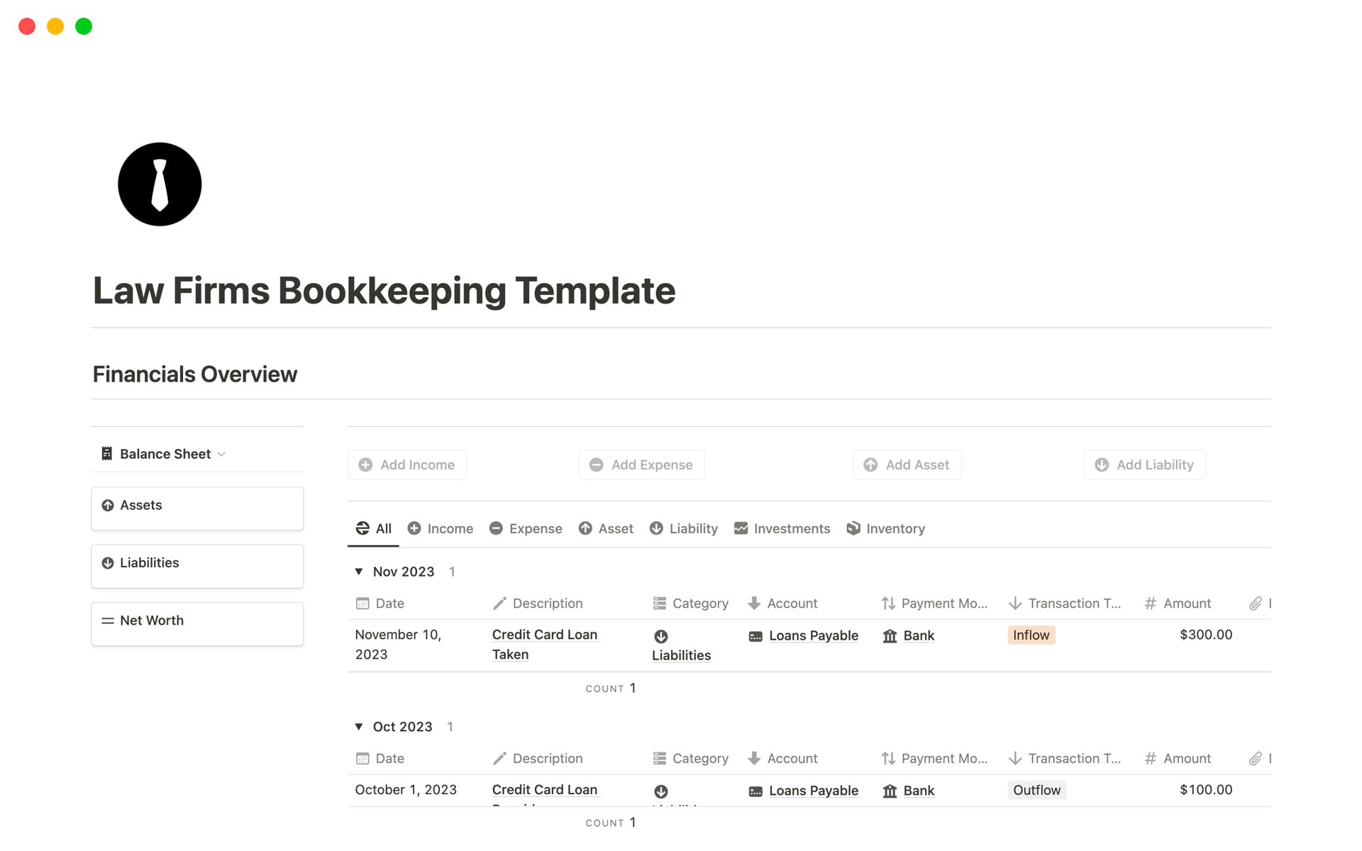 A template preview for Law Firms Bookkeeping