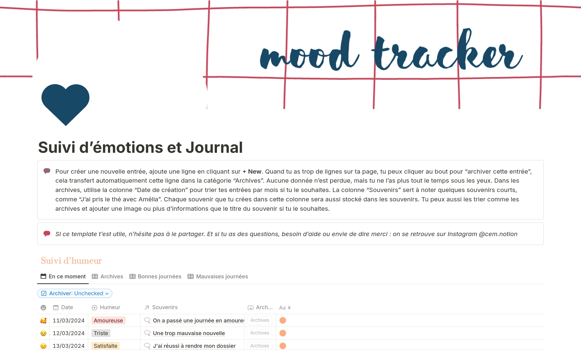 A template preview for Suivi des émotions - Mood tracker
