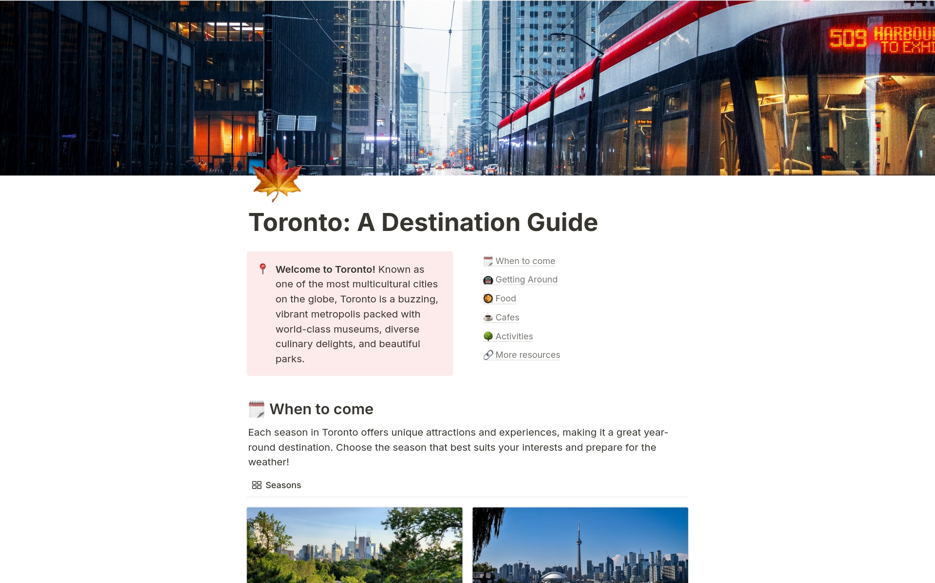 A template preview for Conquering Toronto: A Destination Guide