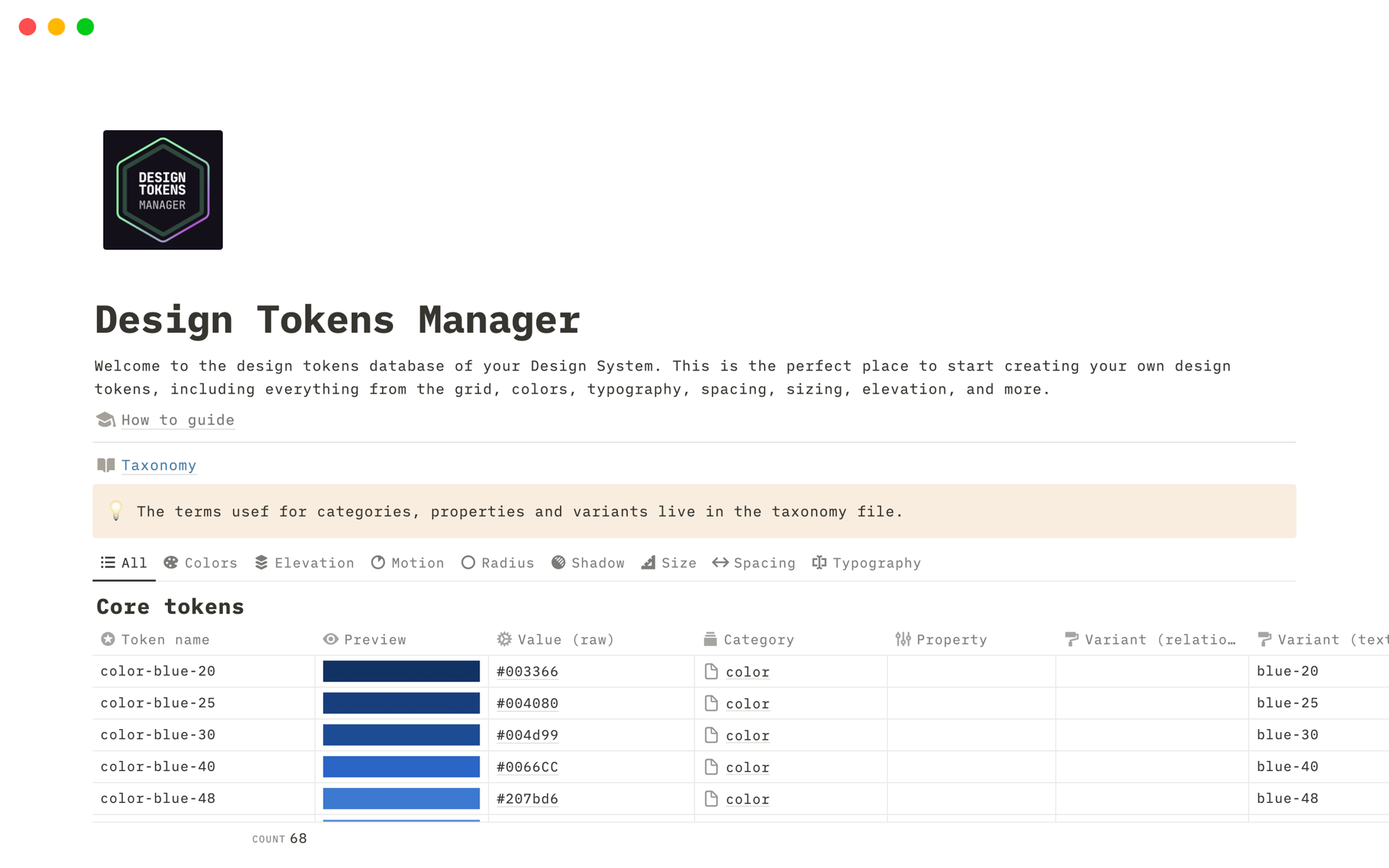 A template preview for Design Tokens Manager for Notion
