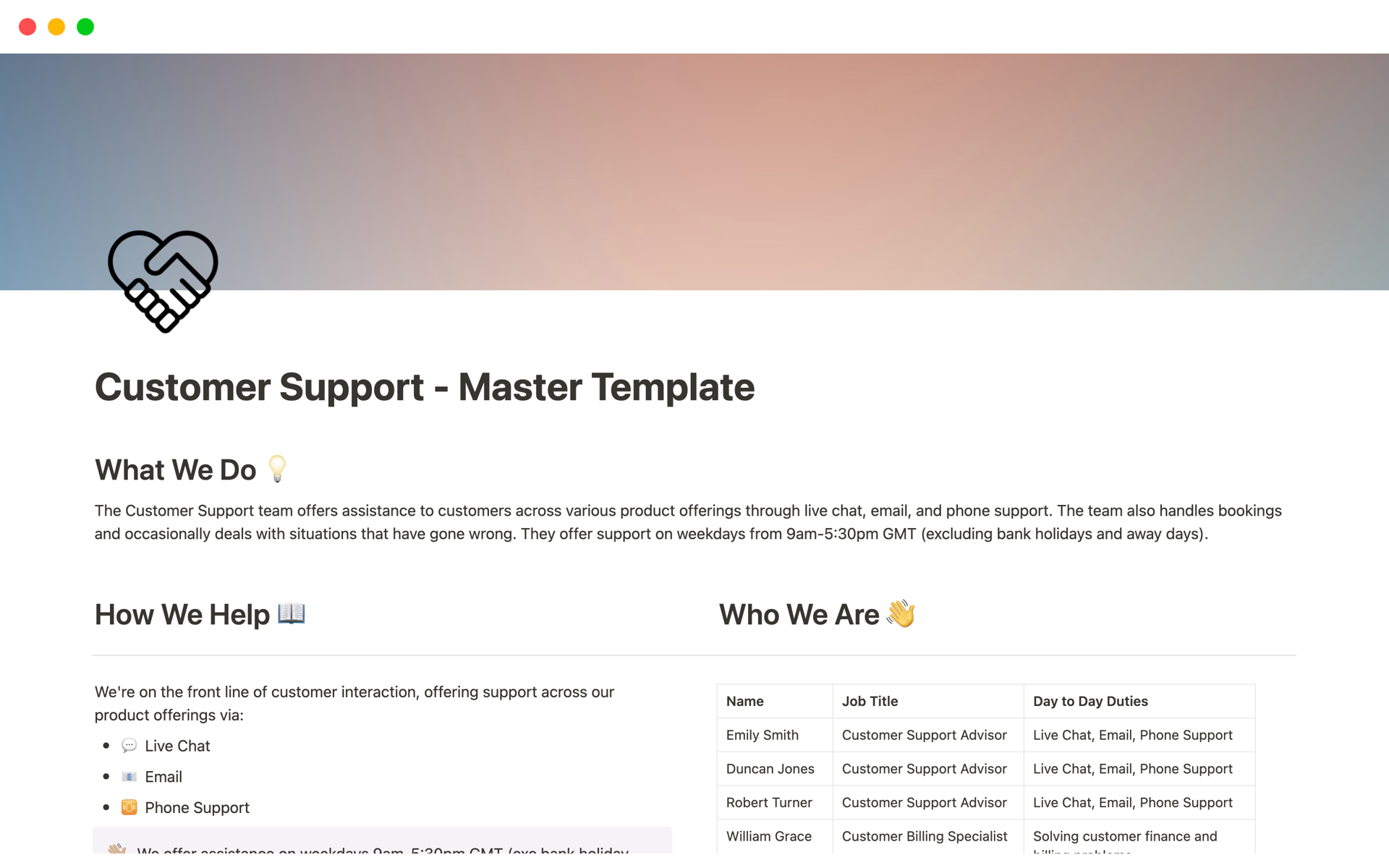 A template preview for Customer Support