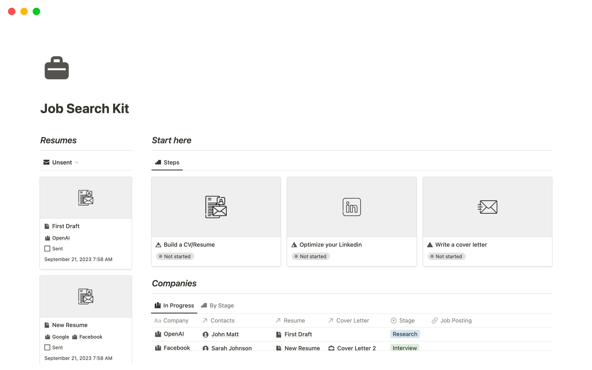 A template preview for Job Search Kit