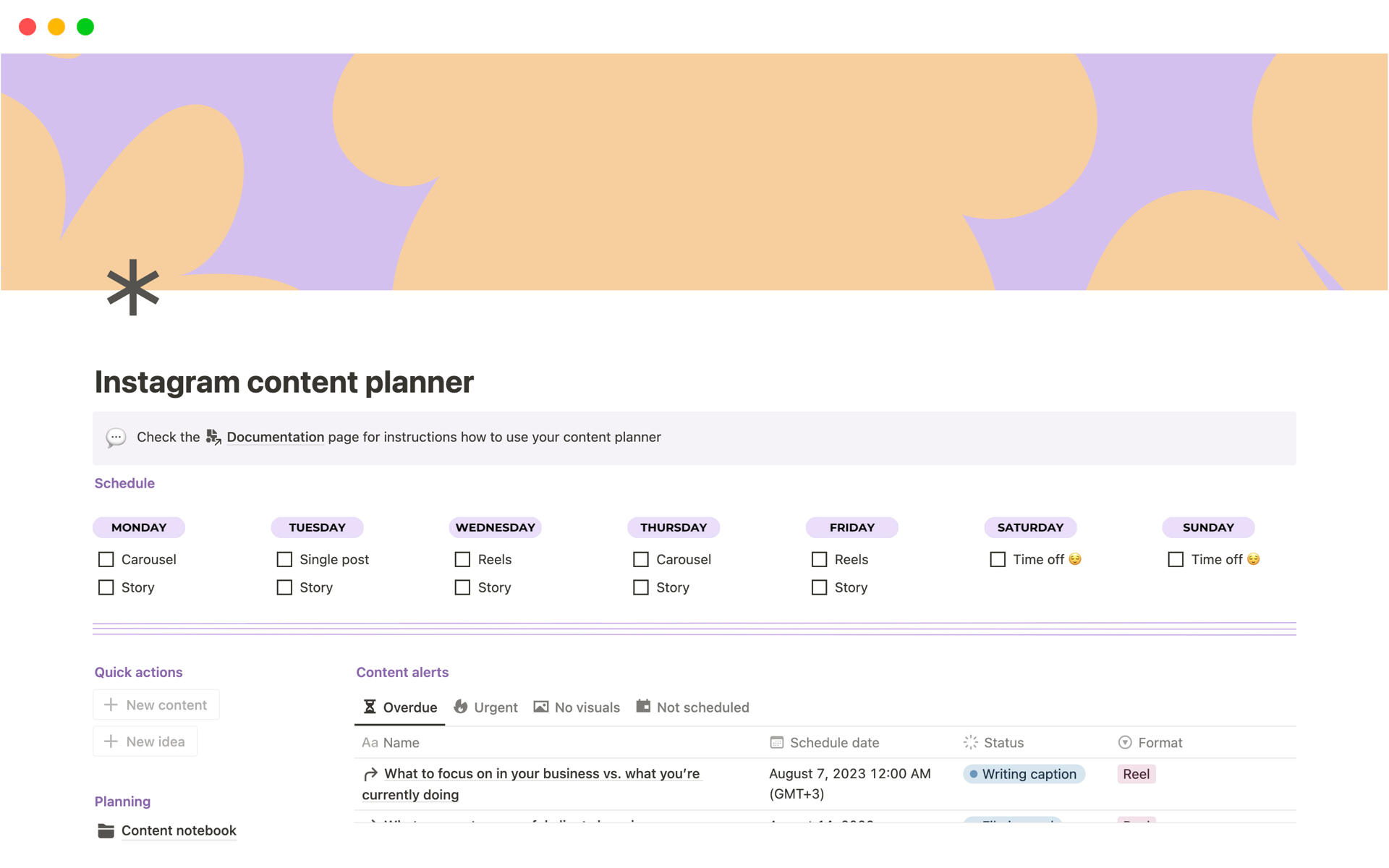 A template preview for Instagram content planner