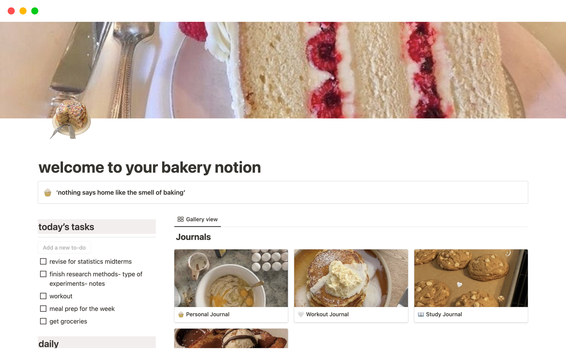 A cute, homey notion template for college students, high schoolers or anyone who wants the comforts of being in a bakery, in a notion template 🧸🍰