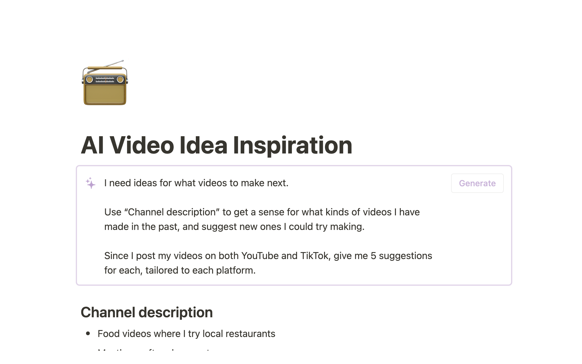A template preview for AI Video Idea Inspiration