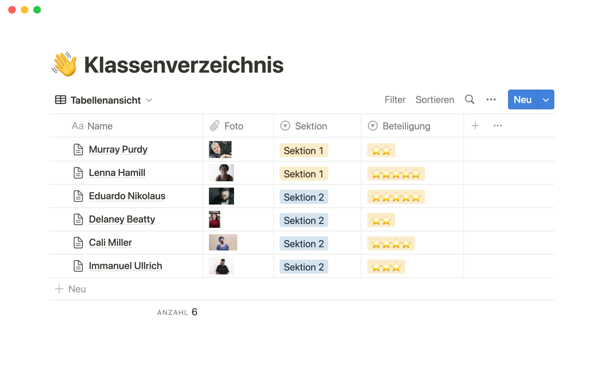 Verbinde Namen mit Gesichtern. Verwende dieses Verzeichnis, um die Teilnahme am Unterricht, Abwesenheiten und andere Notizen zu erfassen, die bei der Berechnung der Abschlussnoten oder bei Gesprächen mit den Lernenden hilfreich sind.