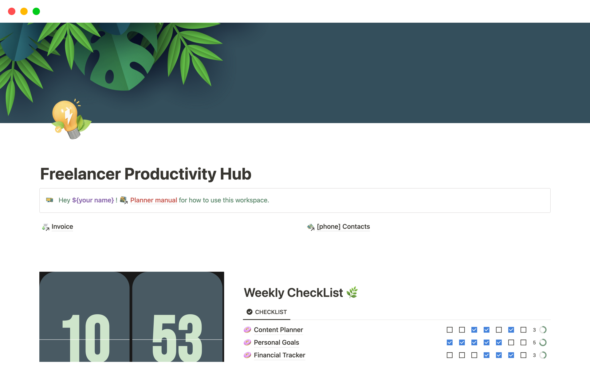 En forhåndsvisning av mal for Freelancer Productivity Hub