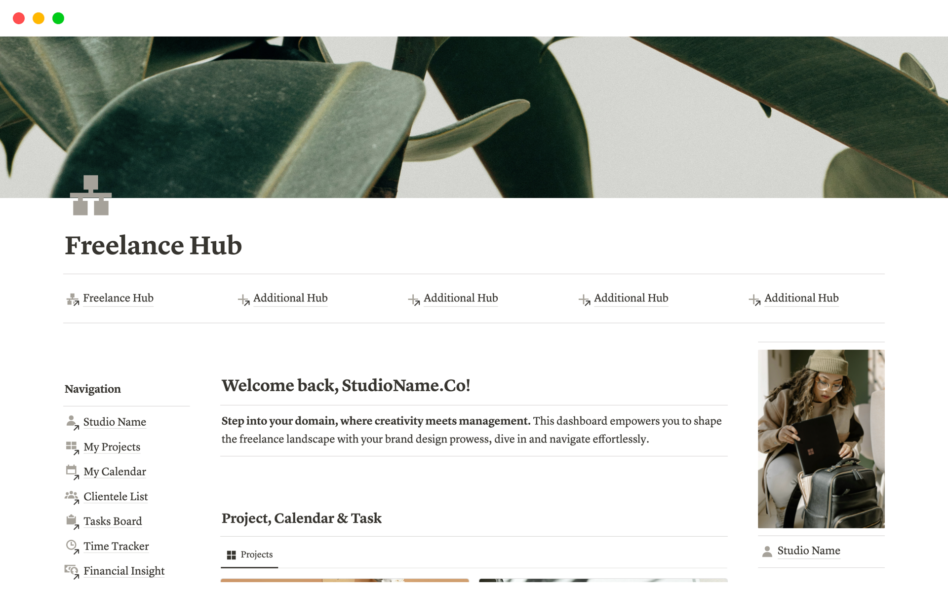 En forhåndsvisning av mal for Freelance Business Dashboard Hub