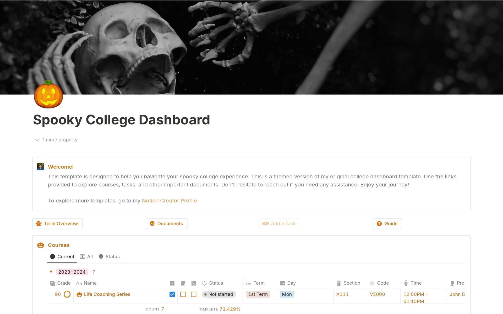Vista previa de una plantilla para Spooky College Dashboard