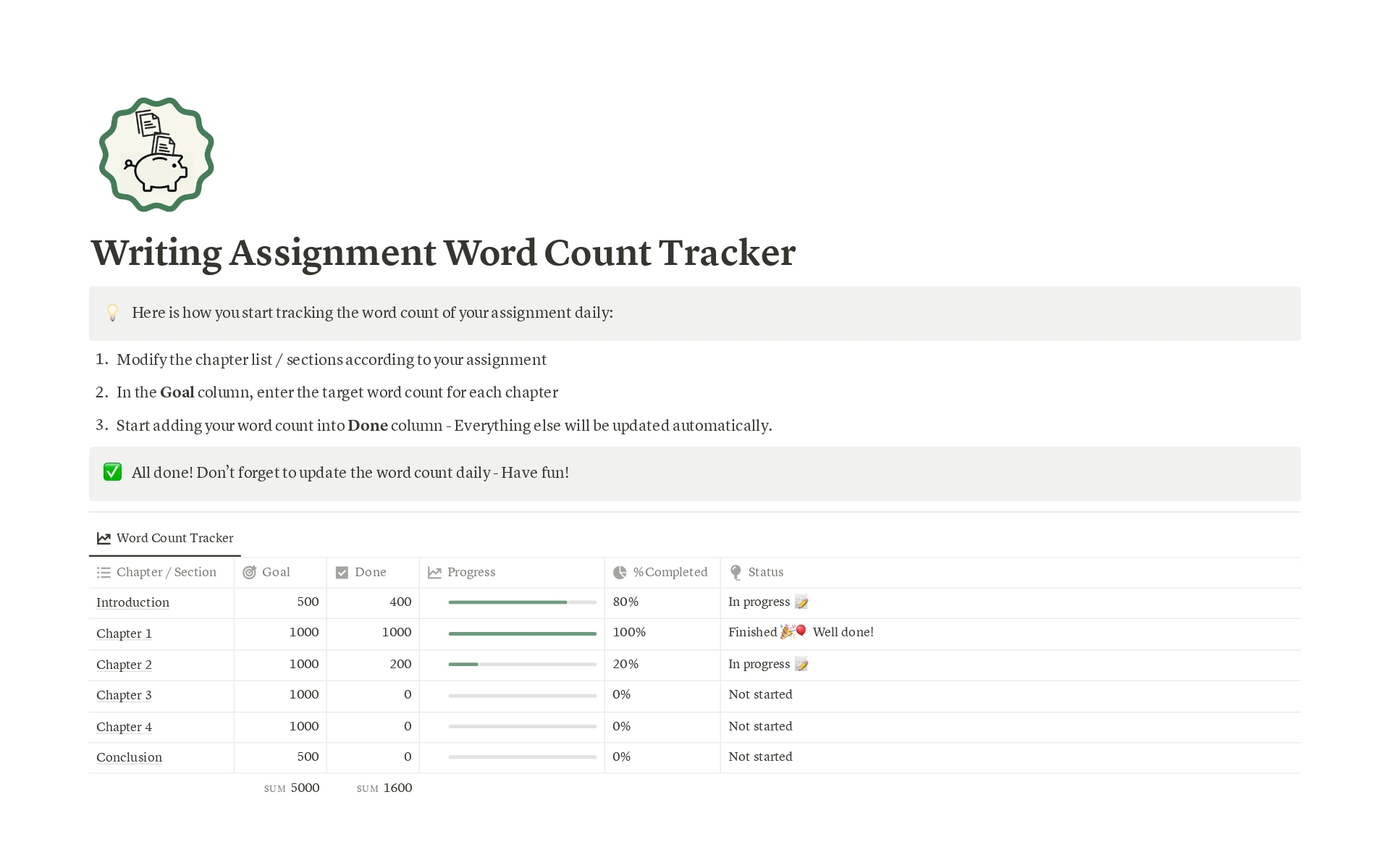Whether you're a student, a PhD candidate, or a writer embarking on your next masterpiece, this simple tracker is your trusty companion. Set your word count goals, log your daily progress, and watch your writing journey come to life with visual charts.
