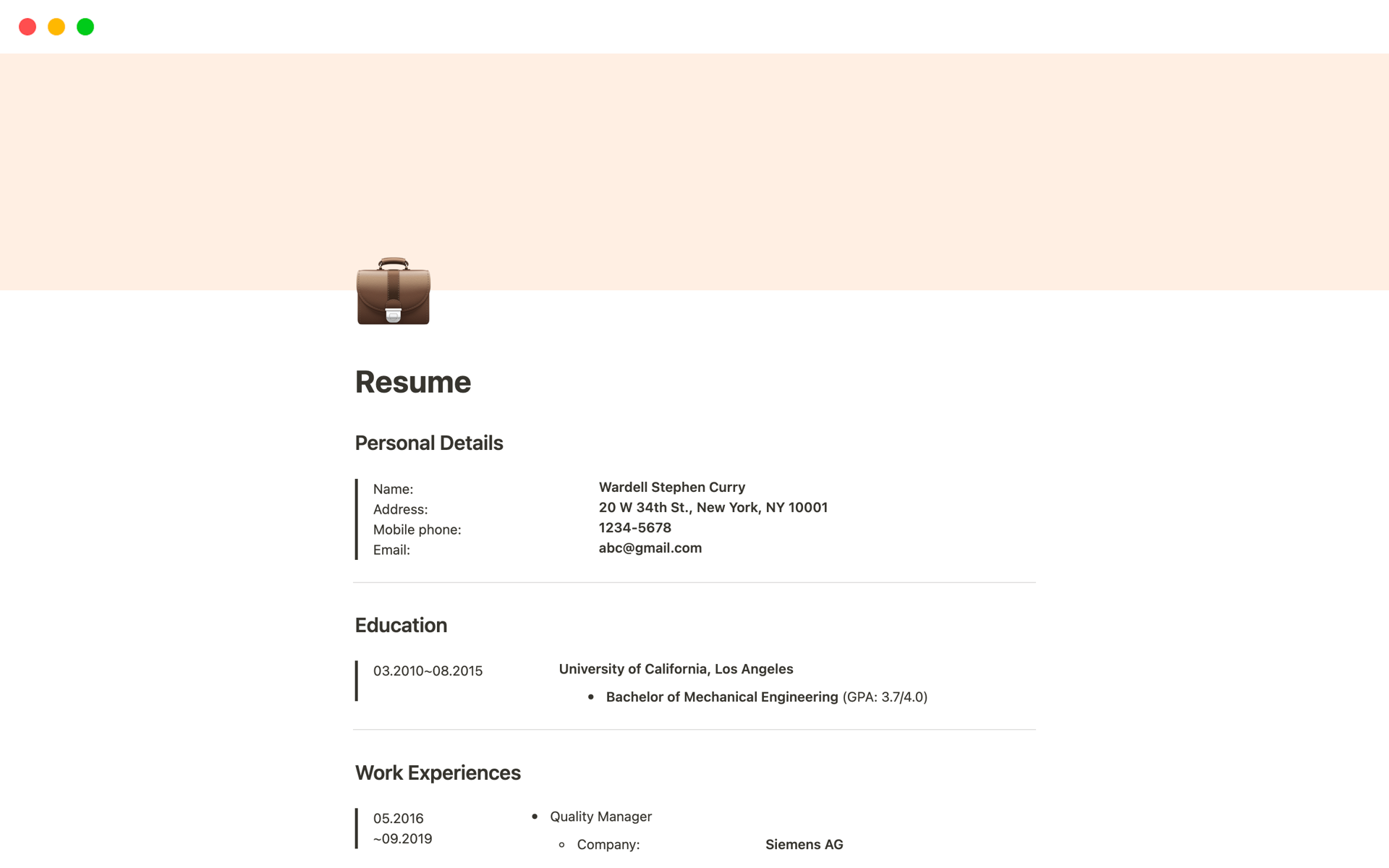 Notion template for Resume