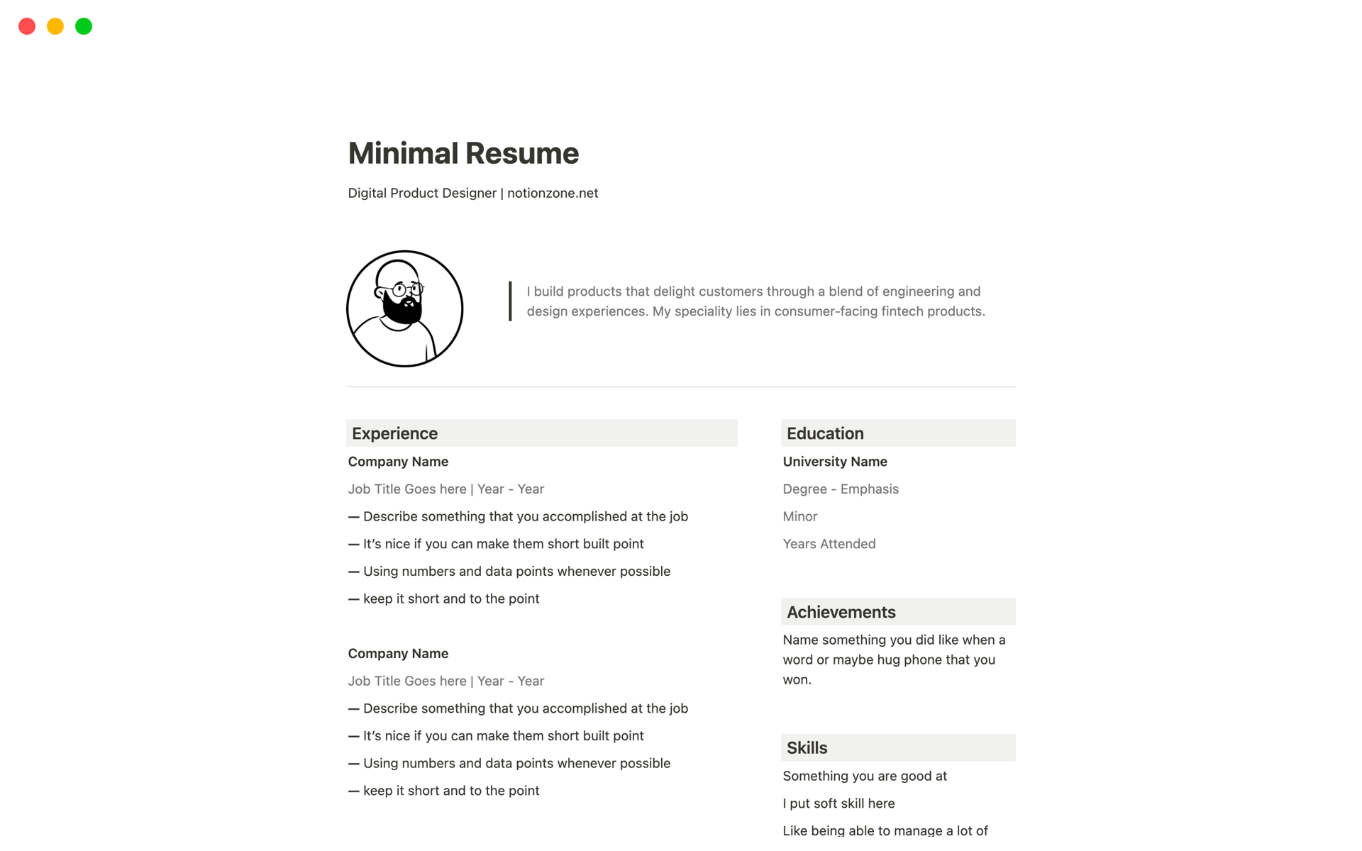A template preview for Minimal Resume