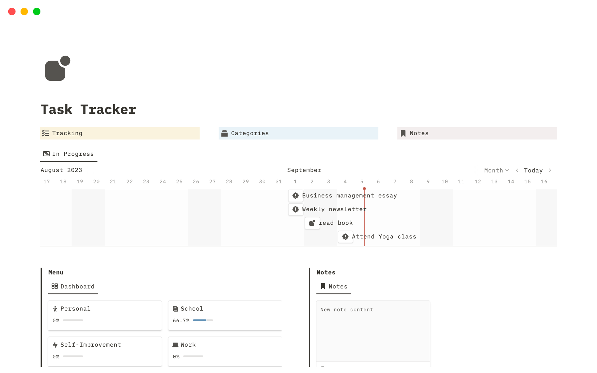Vista previa de plantilla para Task Tracker