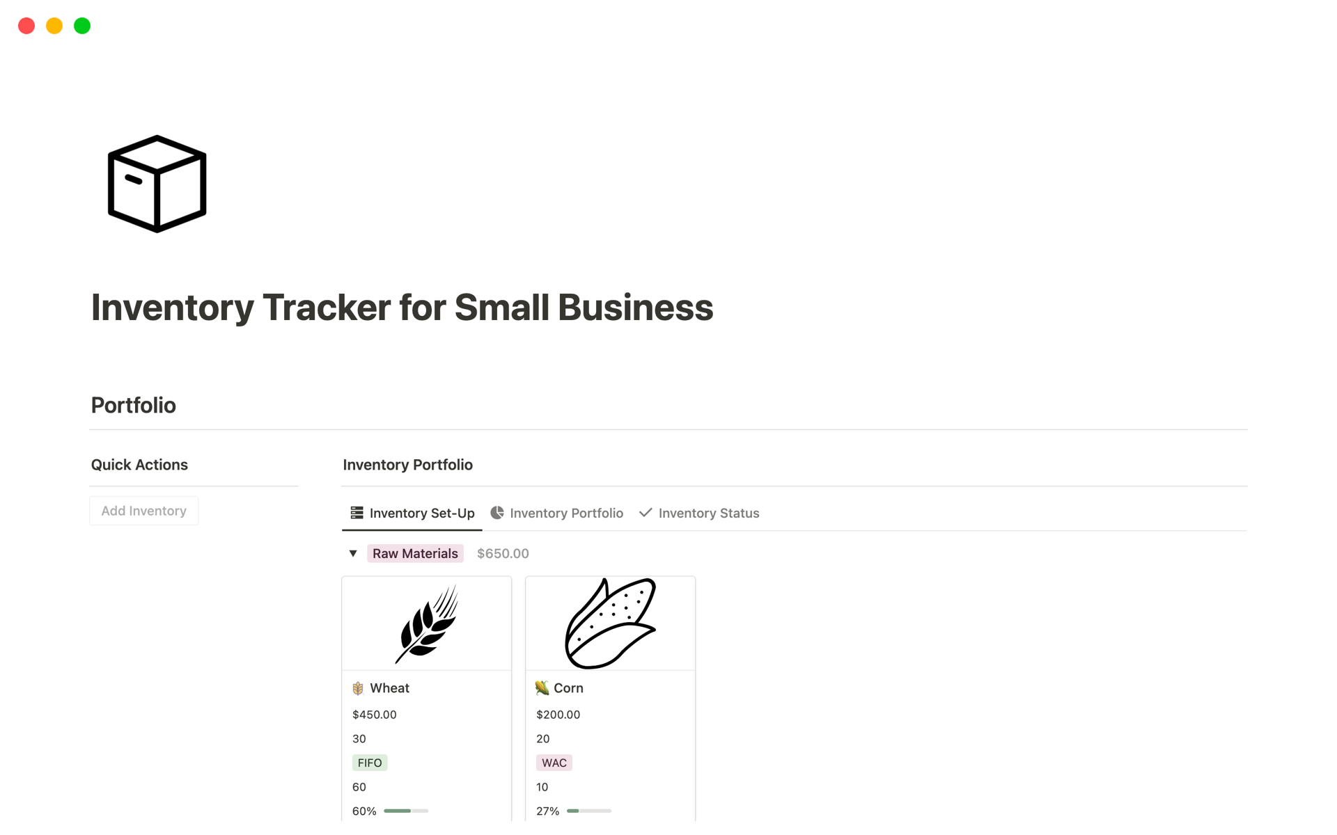 Inventory Tracker for Small Businessのテンプレートのプレビュー