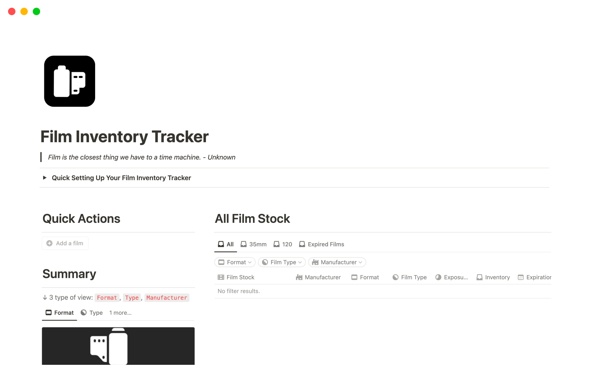 A template preview for Film Inventory Tracker