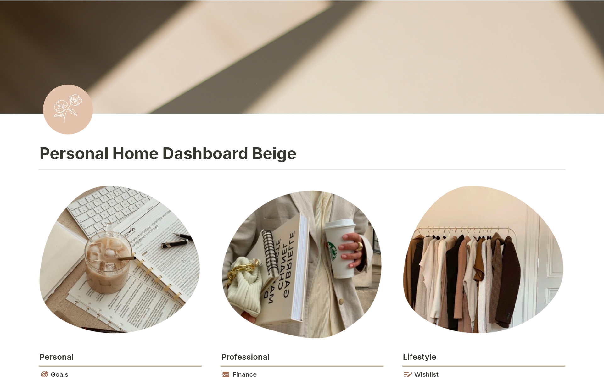 A template preview for Personal Home Dashboard Beige