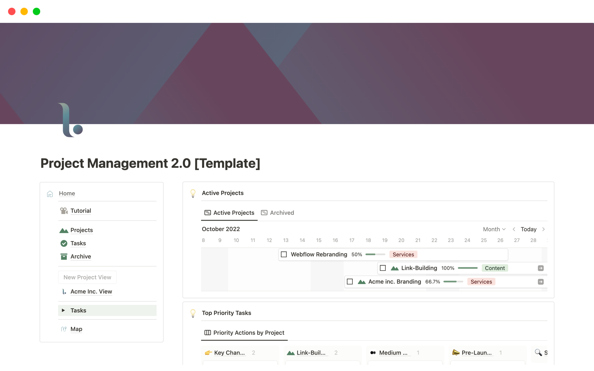 A template preview for Project Management 2.0