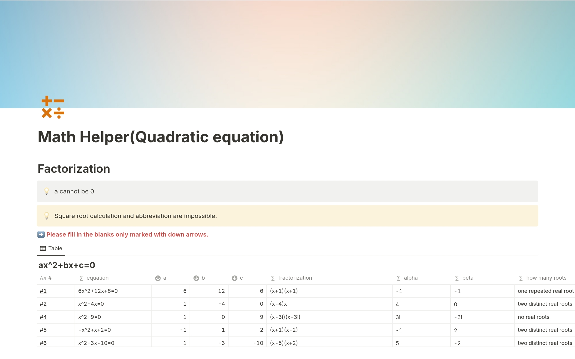 Aperçu du modèle de Math Helper(Quadratic equation)