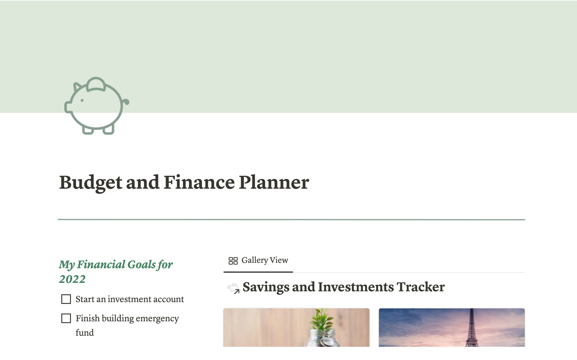 A template preview for Budget and finance planner