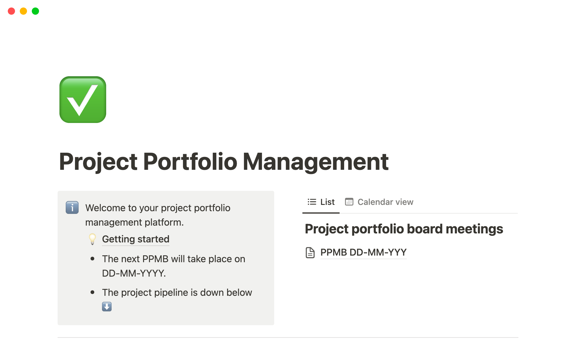 Project portfolio managementのテンプレートのプレビュー