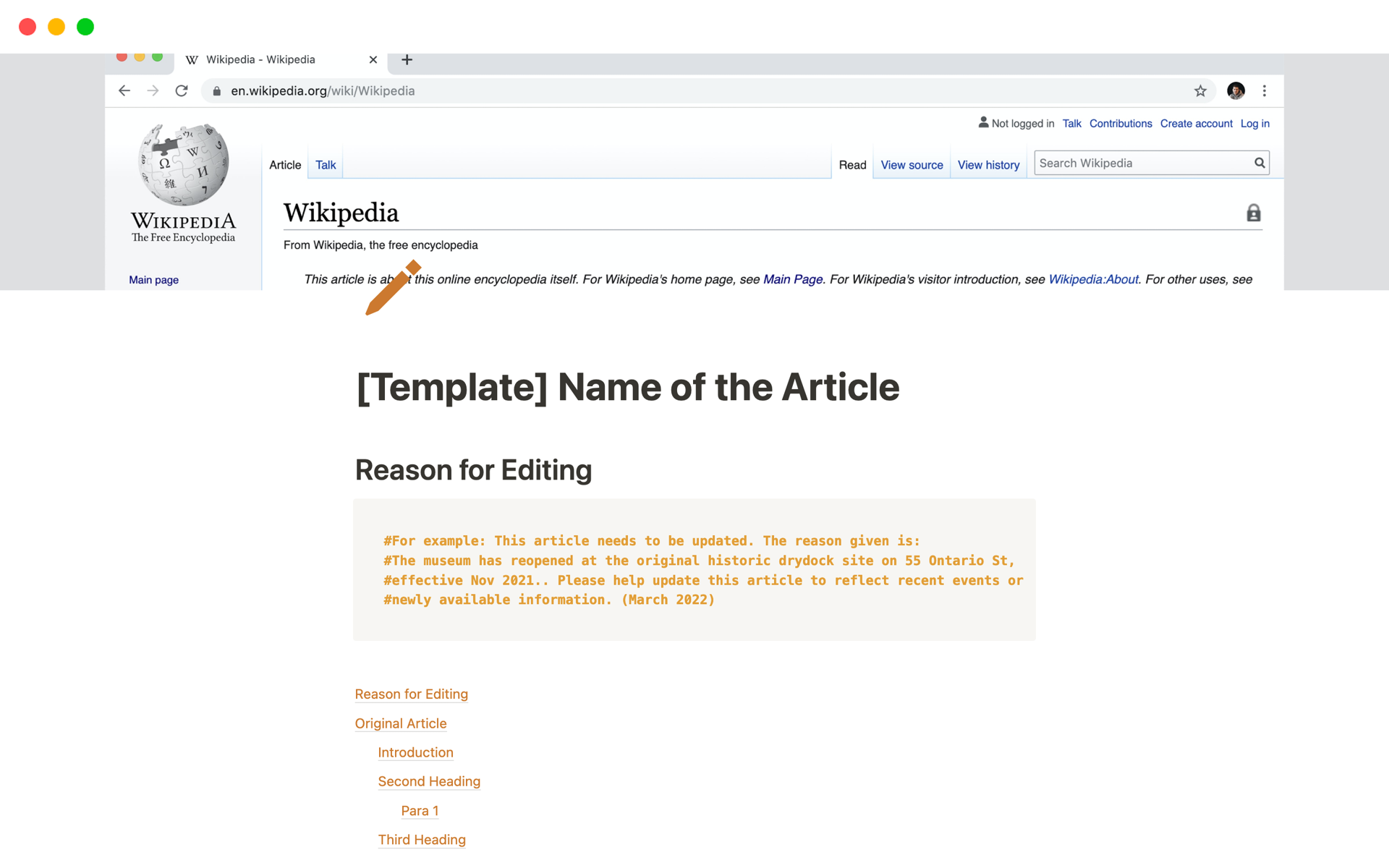 A template preview for Wikipedia Article Editing
