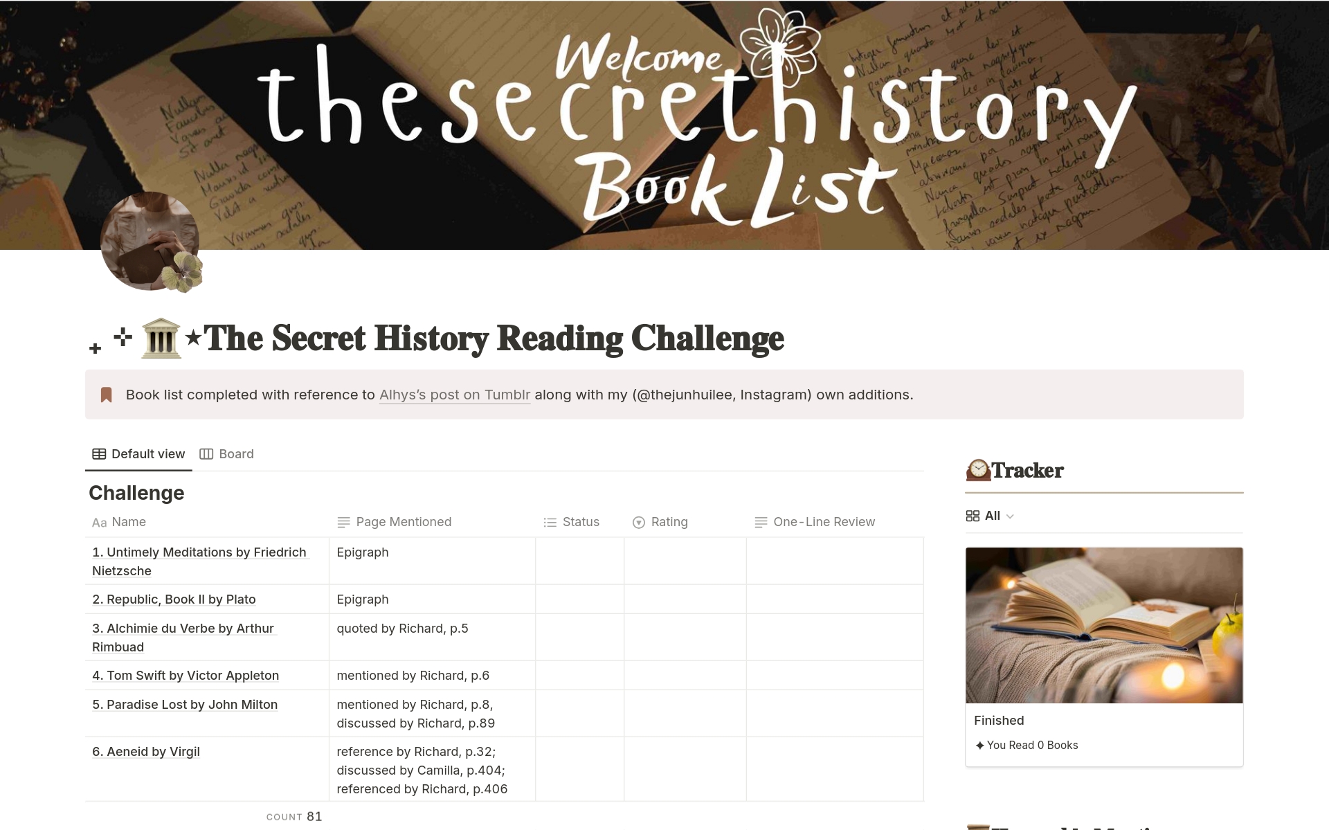 A template preview for The Secret History Reading Challenge Template