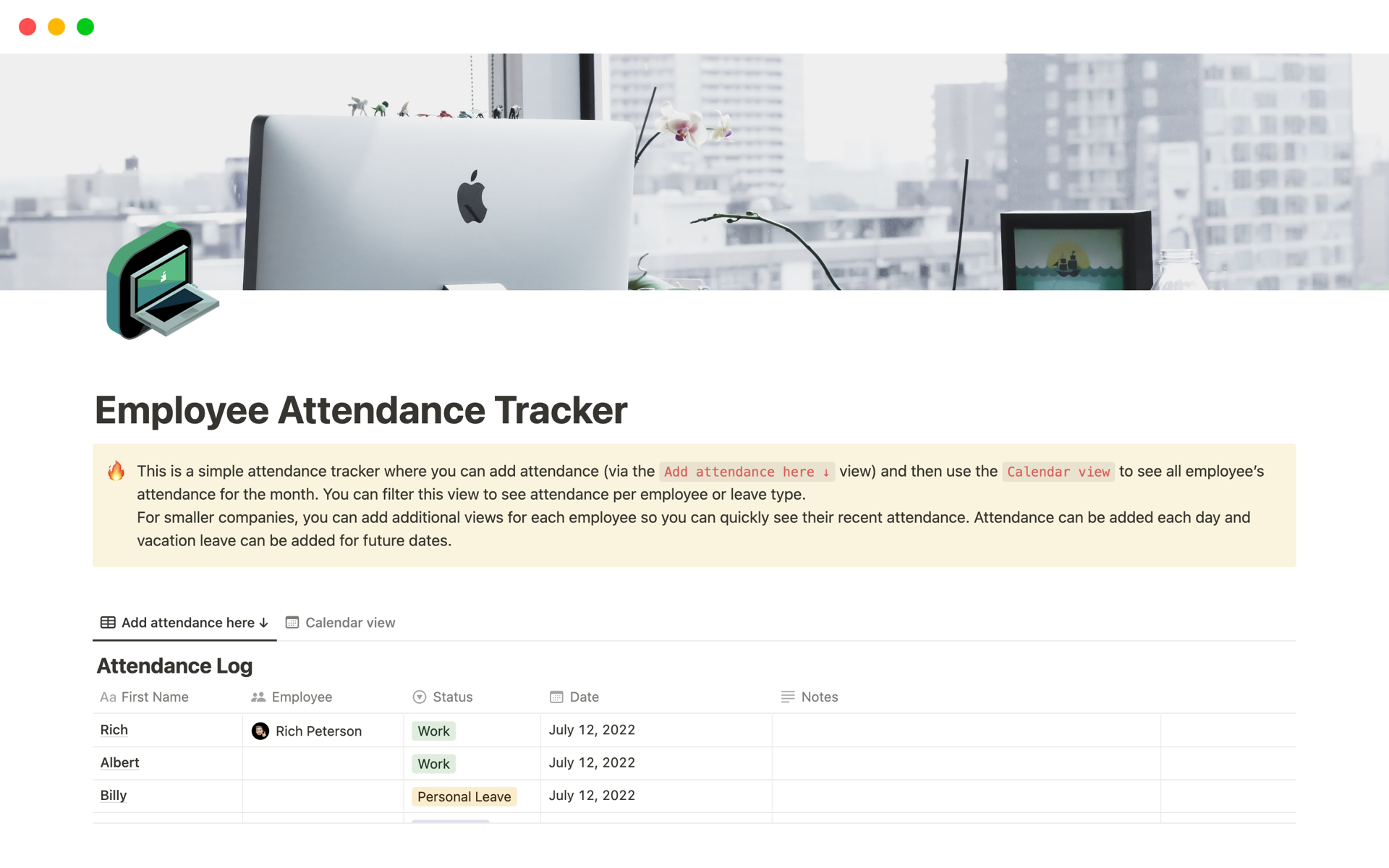Use this simple employee attendance tracker template to document whether each employee worked, took vacation leave or needed personal or sick leave.