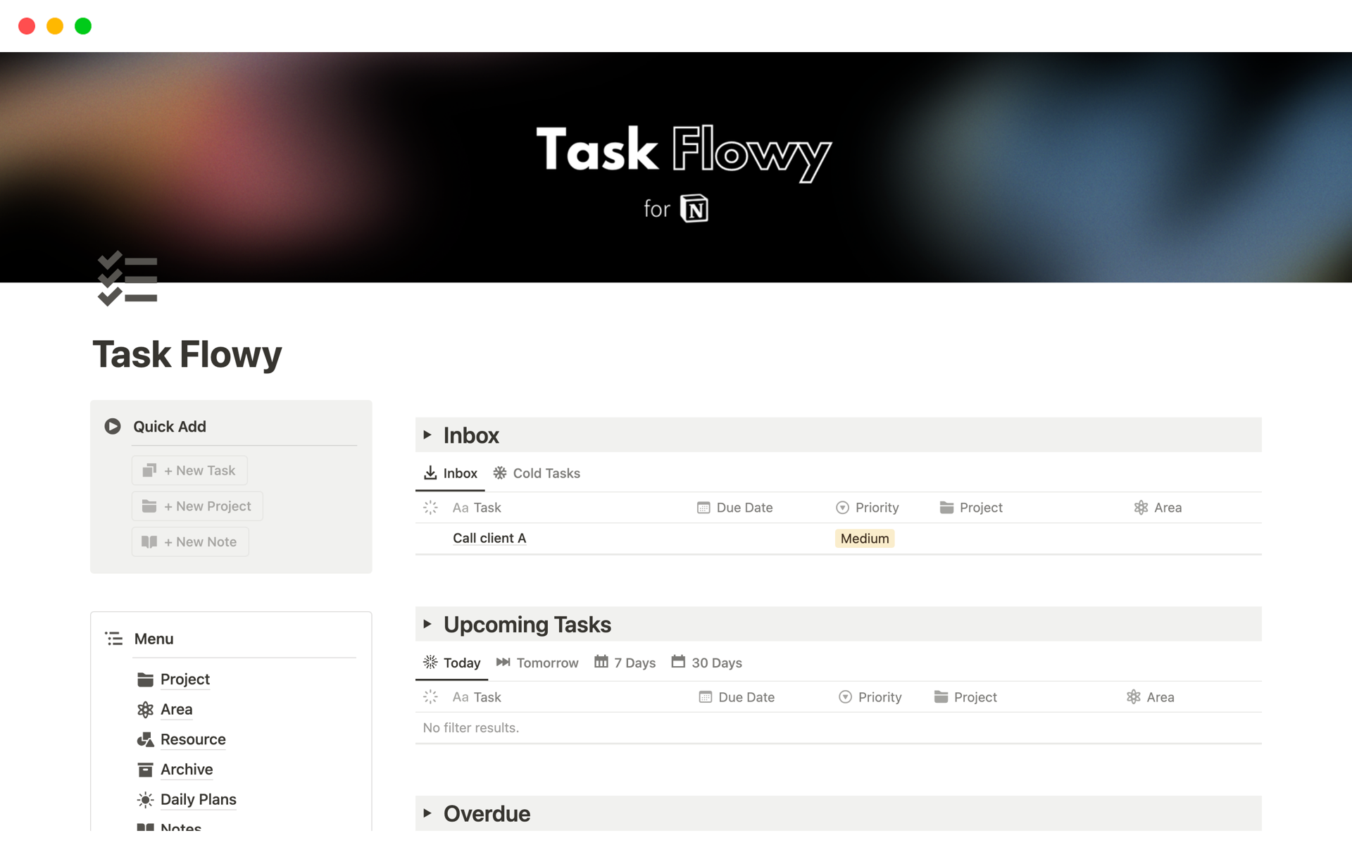 Eine Vorlagenvorschau für Task Flowy