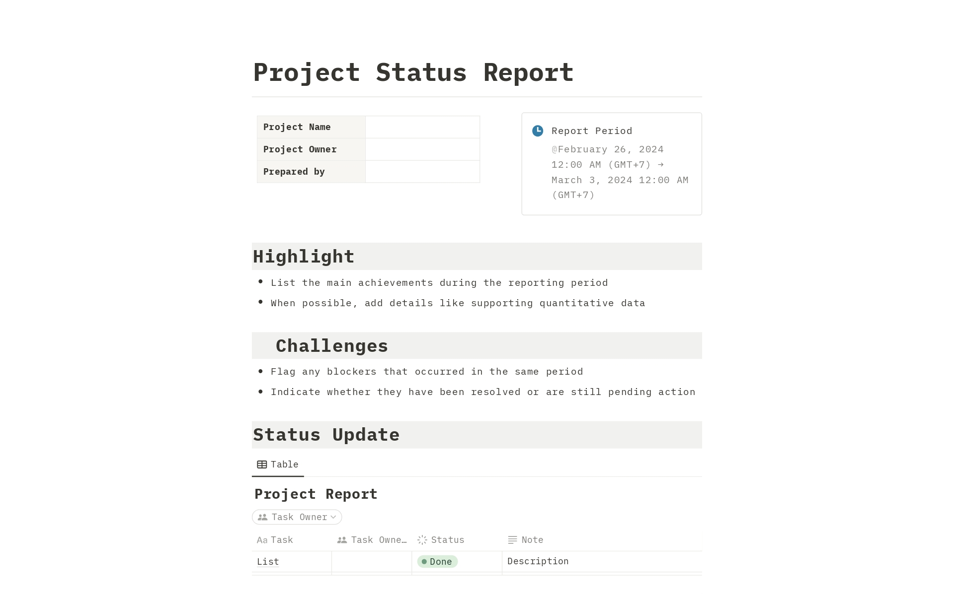 En förhandsgranskning av mallen för Project Status Report