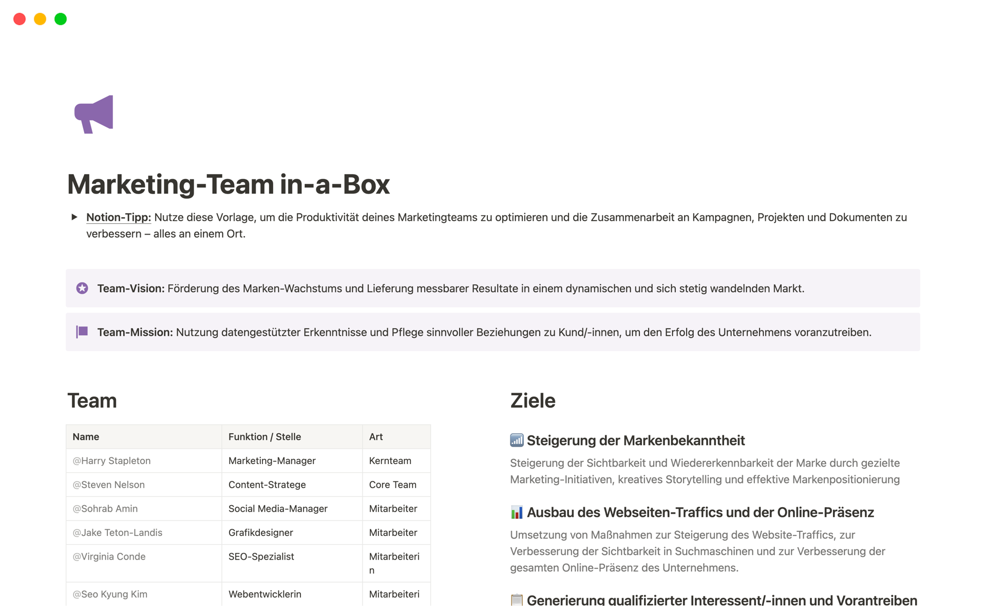 Eine Vorlagenvorschau für Marketing-Team in-a-Box
