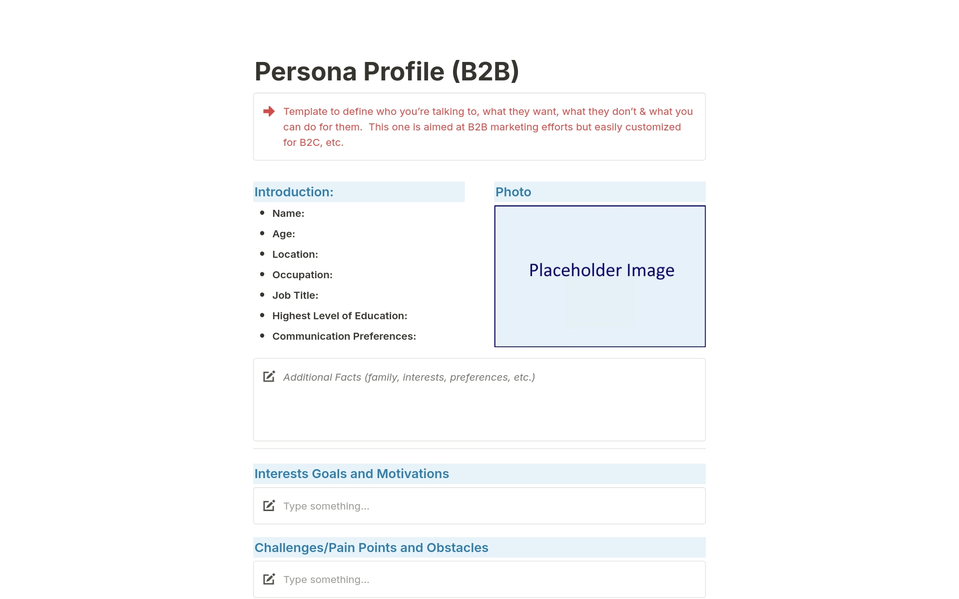 Uma prévia do modelo para Persona Profile (B2B)