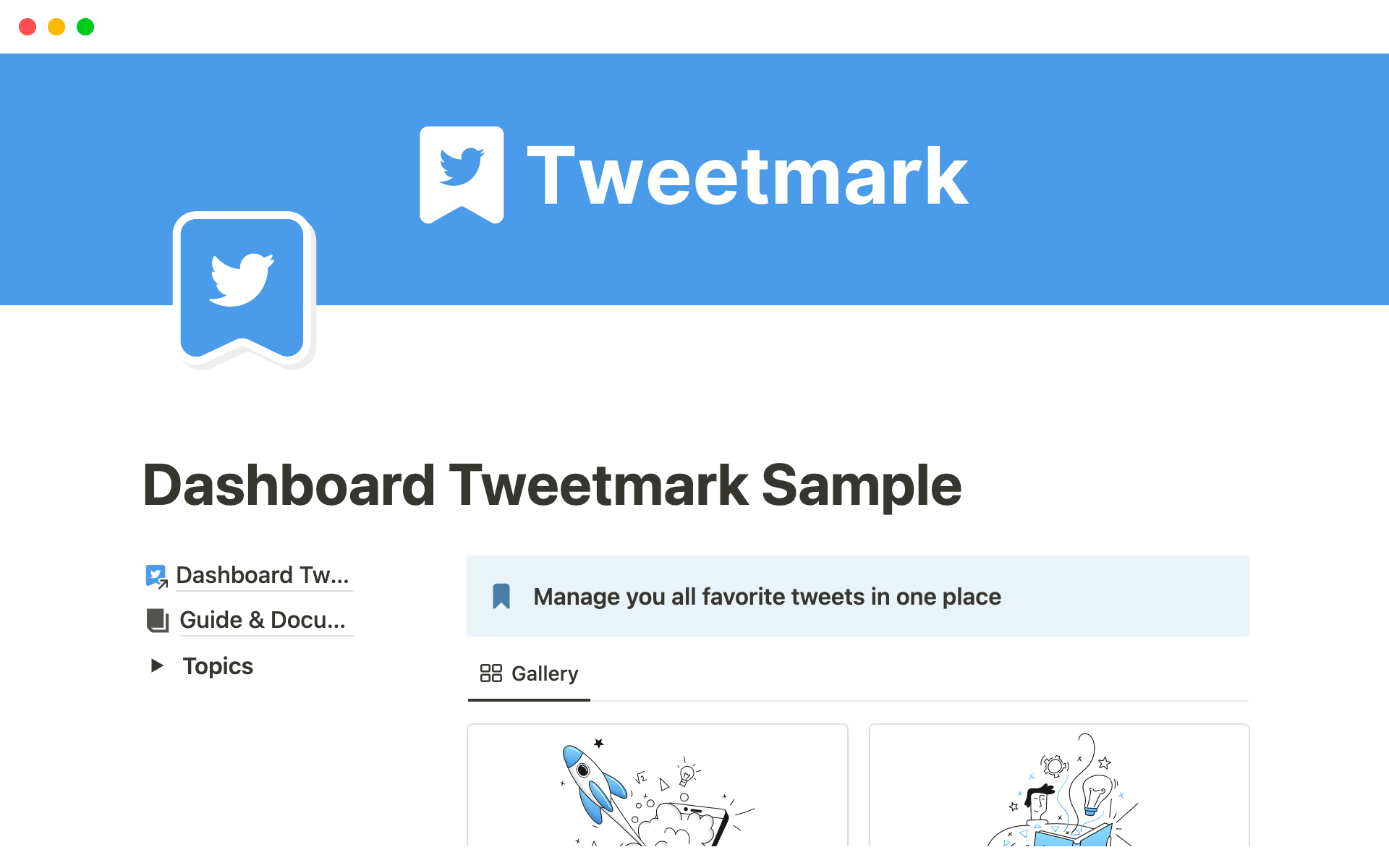 Vista previa de una plantilla para Tweetmark - Tweet Bookmark Notion Templates