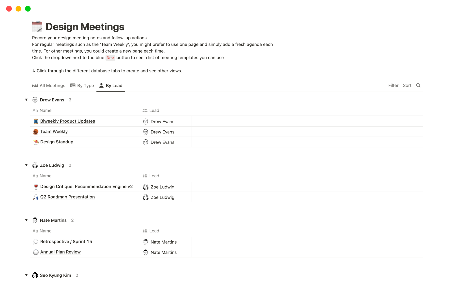 デザイン関連のミーティングに必要なテンプレートを備えたデータベースで、議事メモを効率的に管理します。