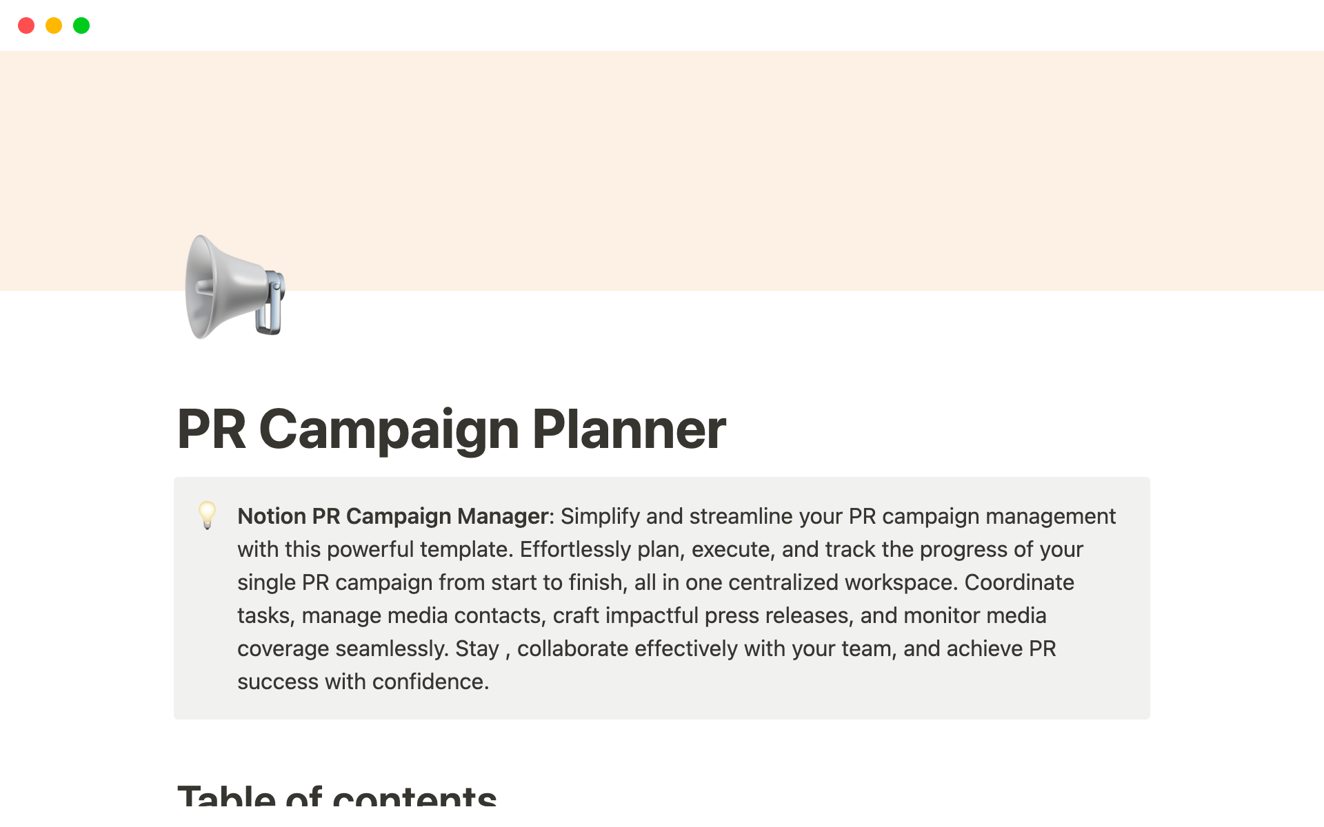 Simplify and streamline your PR campaign management with this powerful template. Effortlessly plan, execute, and track the progress of your single PR campaign from start to finish, all in one centralized workspace.