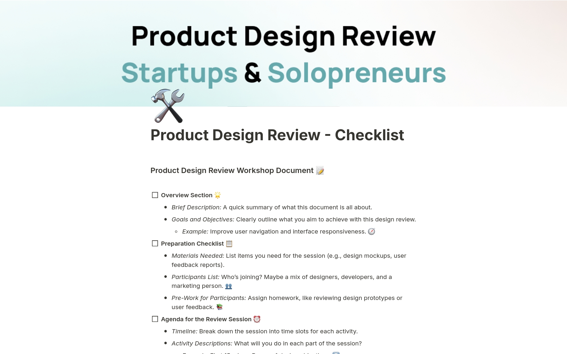 Eine Vorlagenvorschau für Product Design Review for Startups & Solo Pros