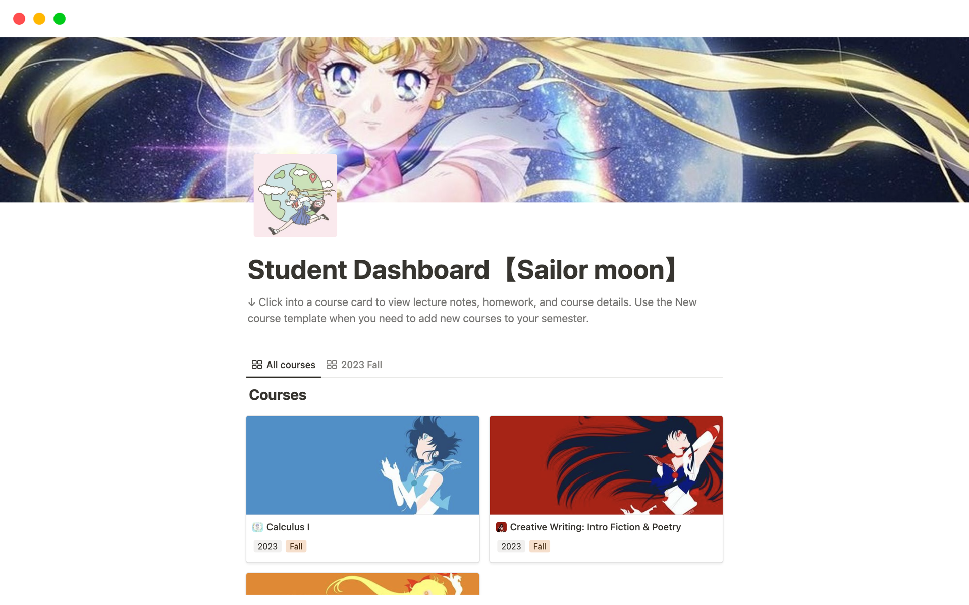 Vista previa de una plantilla para Student Dashboard (Sailor moon)