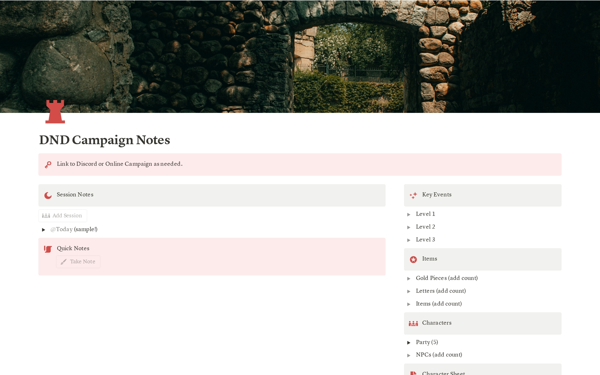 Take notes for your DND Campaign Sessions, keep track of key events, items collected, and party members. As you take notes, you can auto-generate your adventure summary with AI. 
