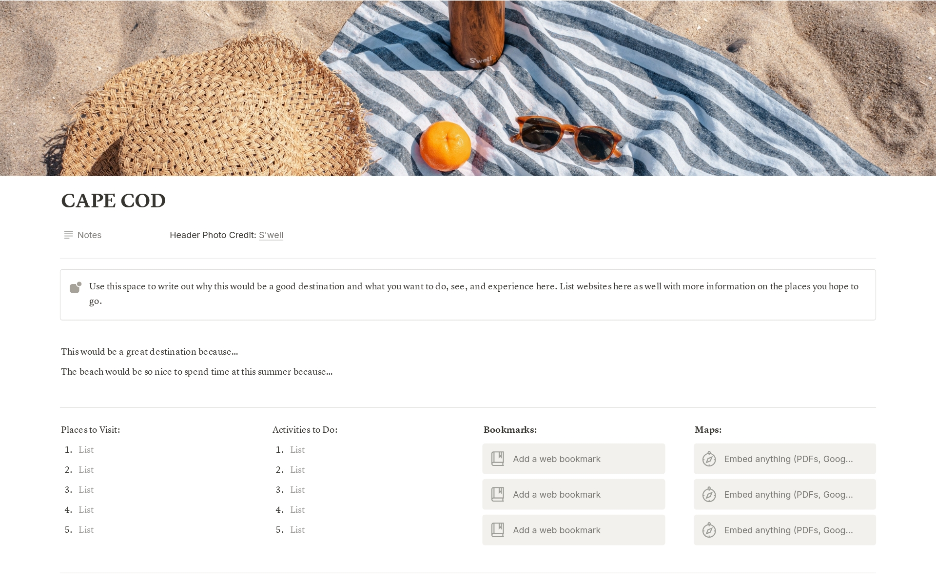 This template is designed to help you plan your family summer vacation by providing you with a planner equipped with sections for choosing your destination, writing up packing lists, a budget, and itinerary.