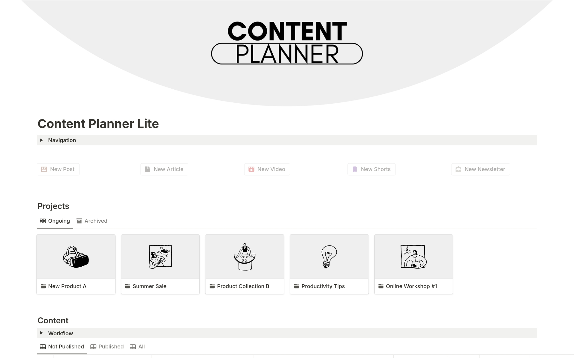 A template preview for Content Planner Lite