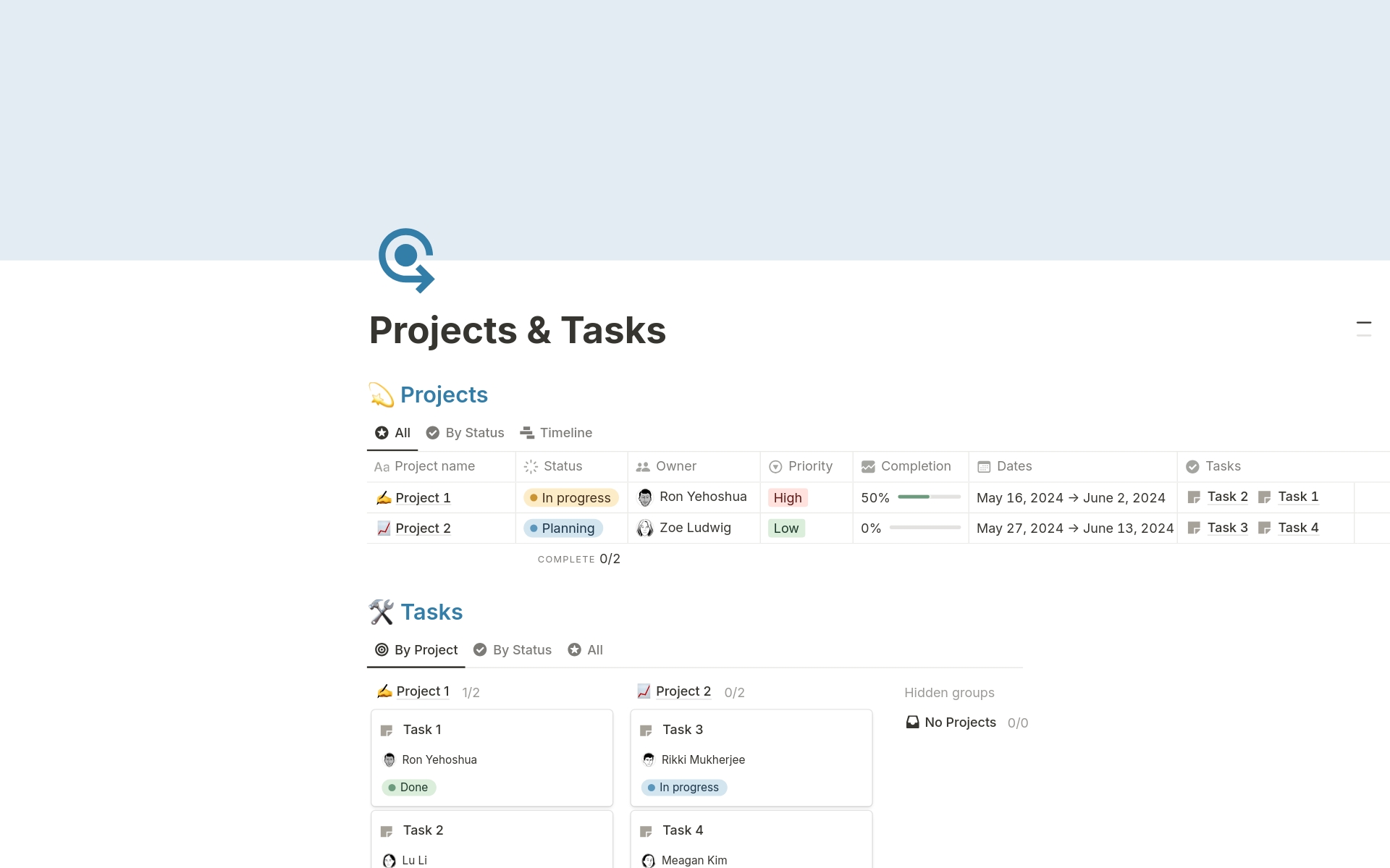 Vista previa de plantilla para Projects & Tasks