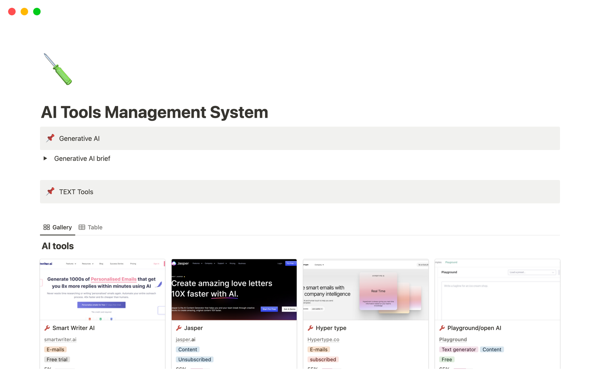 A template preview for AI Tools Management System